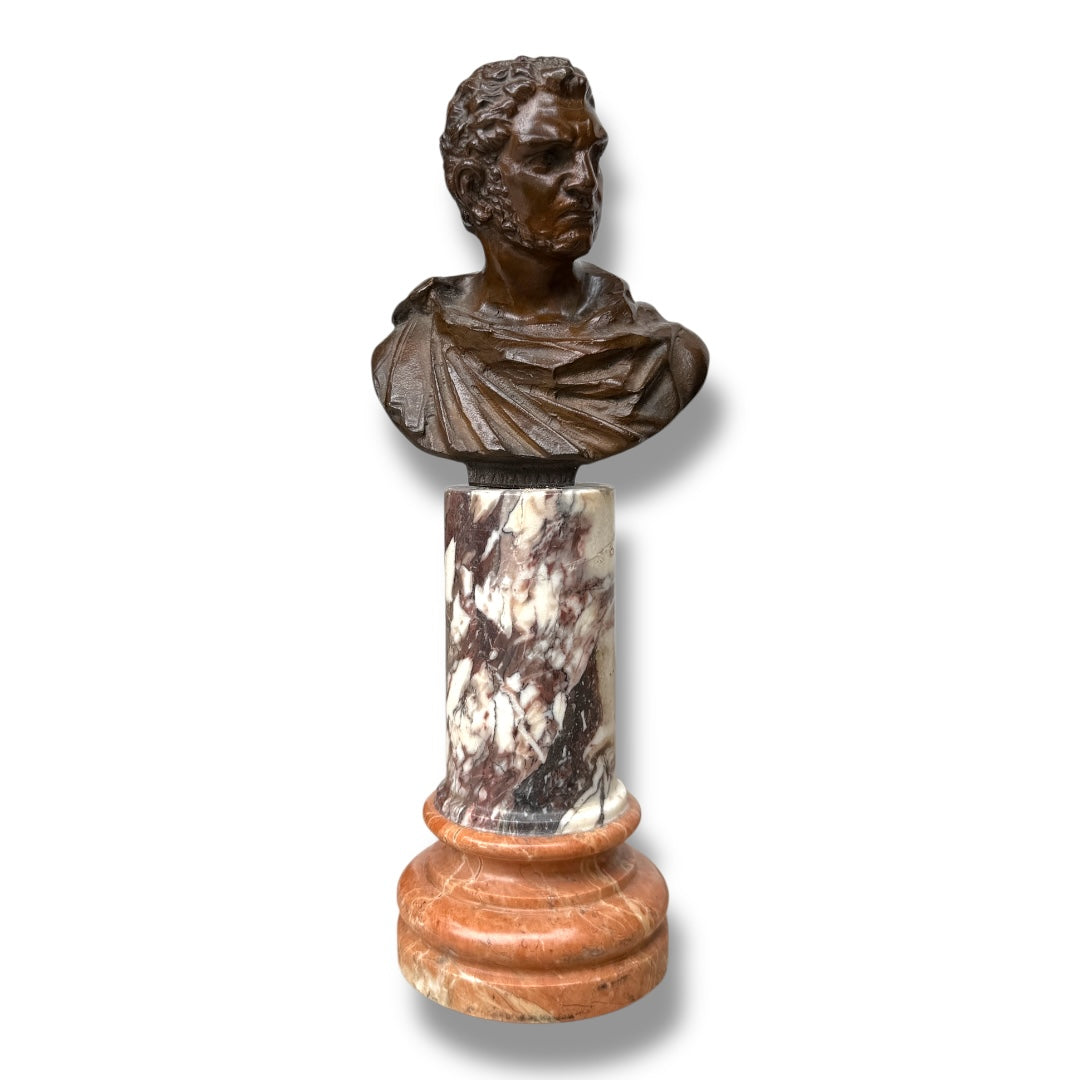 Bronze Bust of a Roman Figure on Marble Pedestal