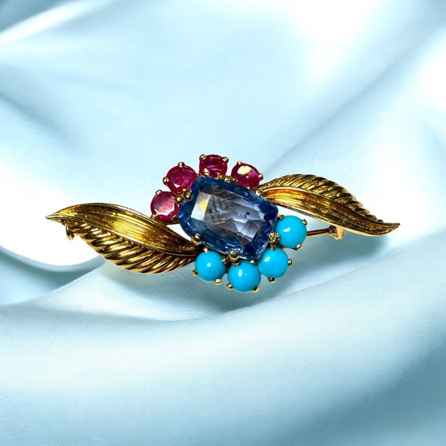 18k Yellow Gold Brooch with Natural Blue Sapphire and Rubies – Sri Lankan Origin