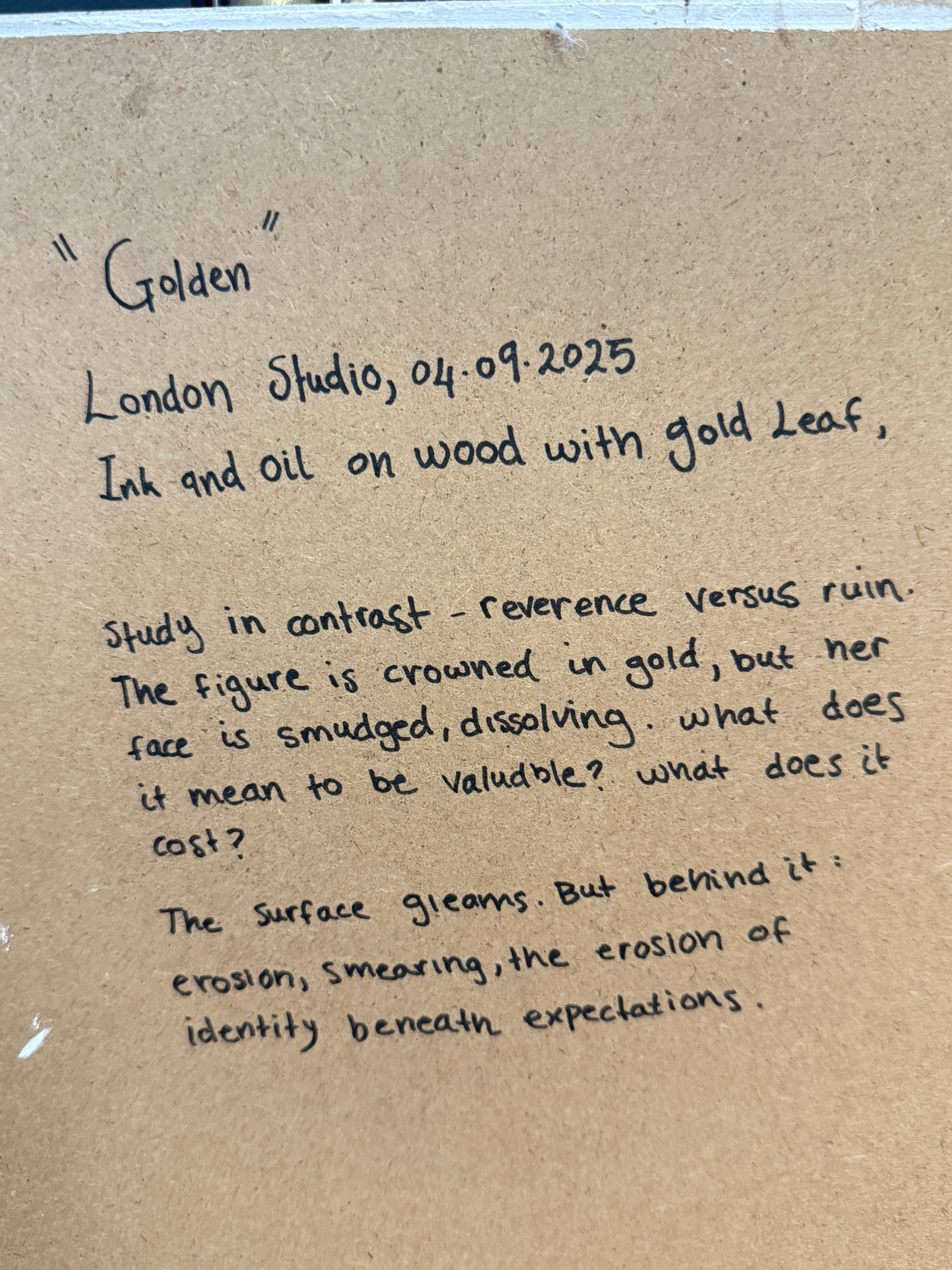 “Golden” – Original Contemporary Artwork | Ink, Oil & Gold Leaf on Wood | Female Portrait Art