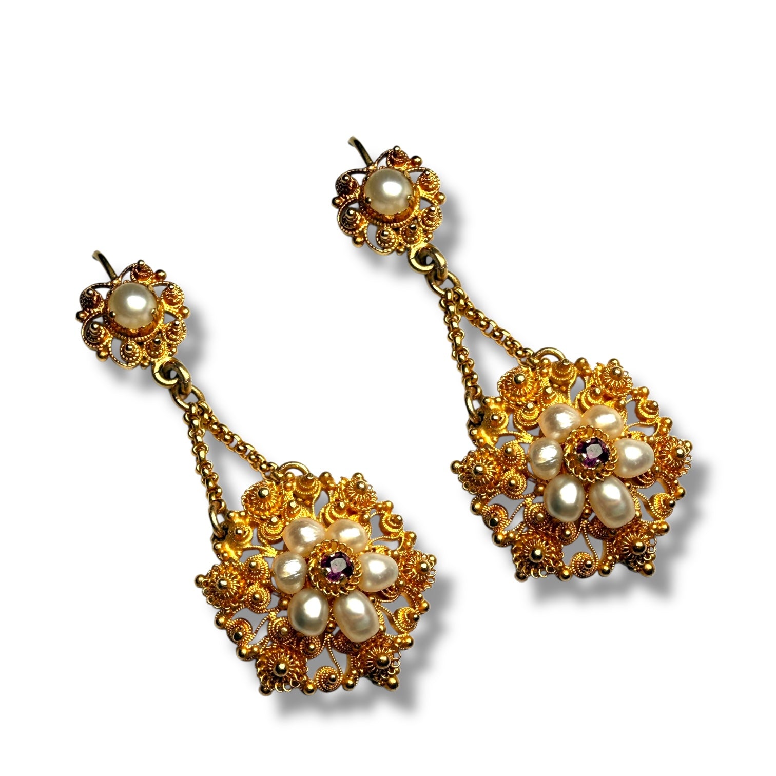 Antique 15-Carat Gold Drop Earrings with Pearls & Garnet