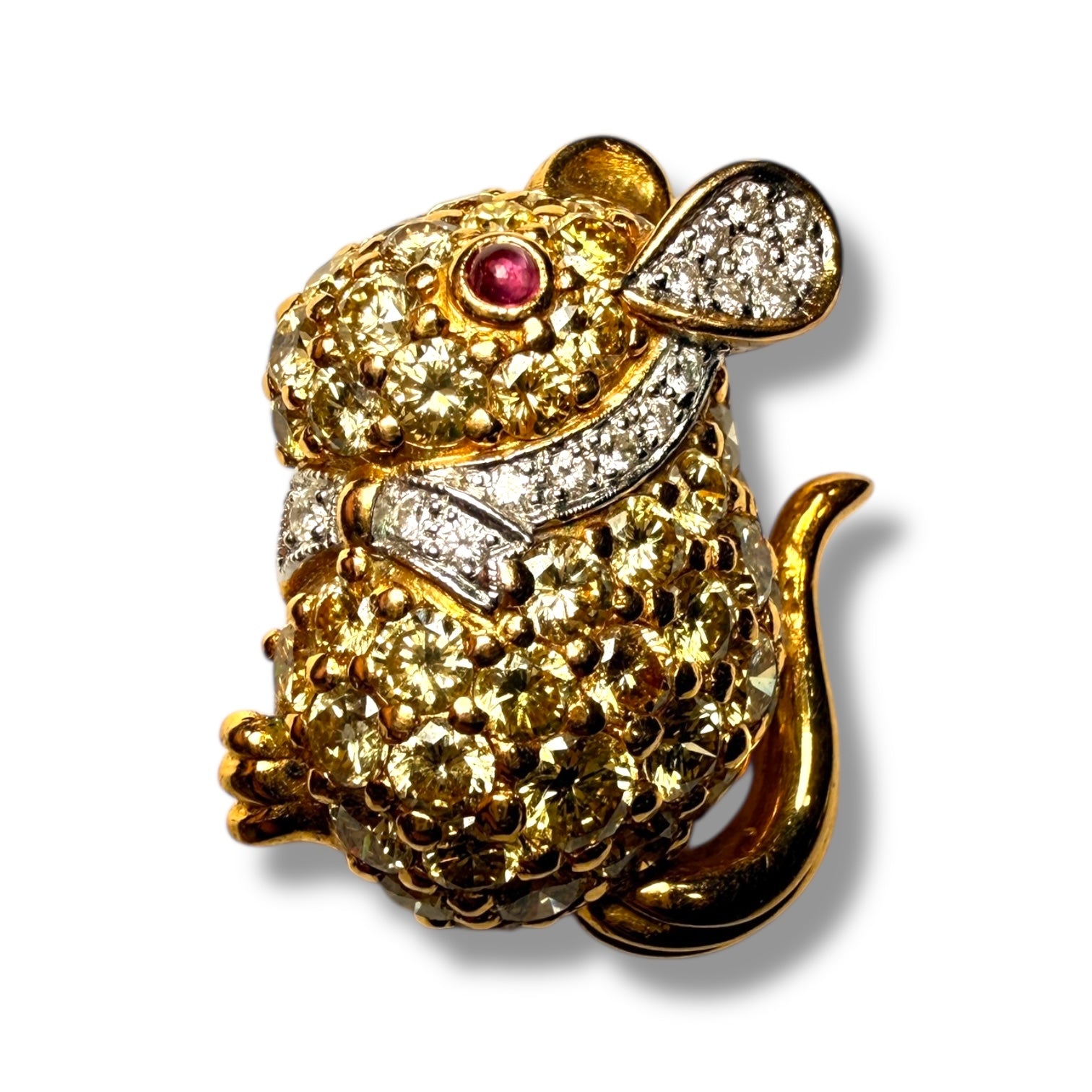 18K Yellow Gold Mouse Brooch with Diamonds and Ruby Eye – 7.8g