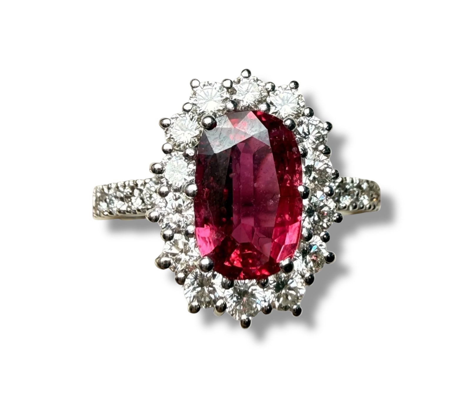 Natural Ruby and Diamond Cluster Ring – 1.80ct Ruby, Cushion Cut, Thailand/Cambodia Origin