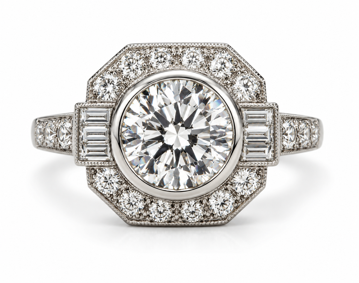 Platinum Diamond Ring – Art Deco Style, 1 Carat Center Stone