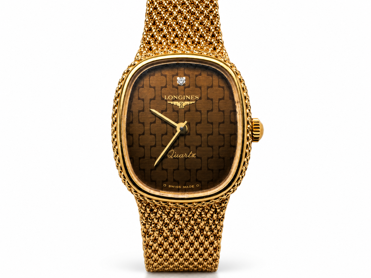 Vintage Longines 18k Yellow Gold Quartz Watch with Woven Bracelet