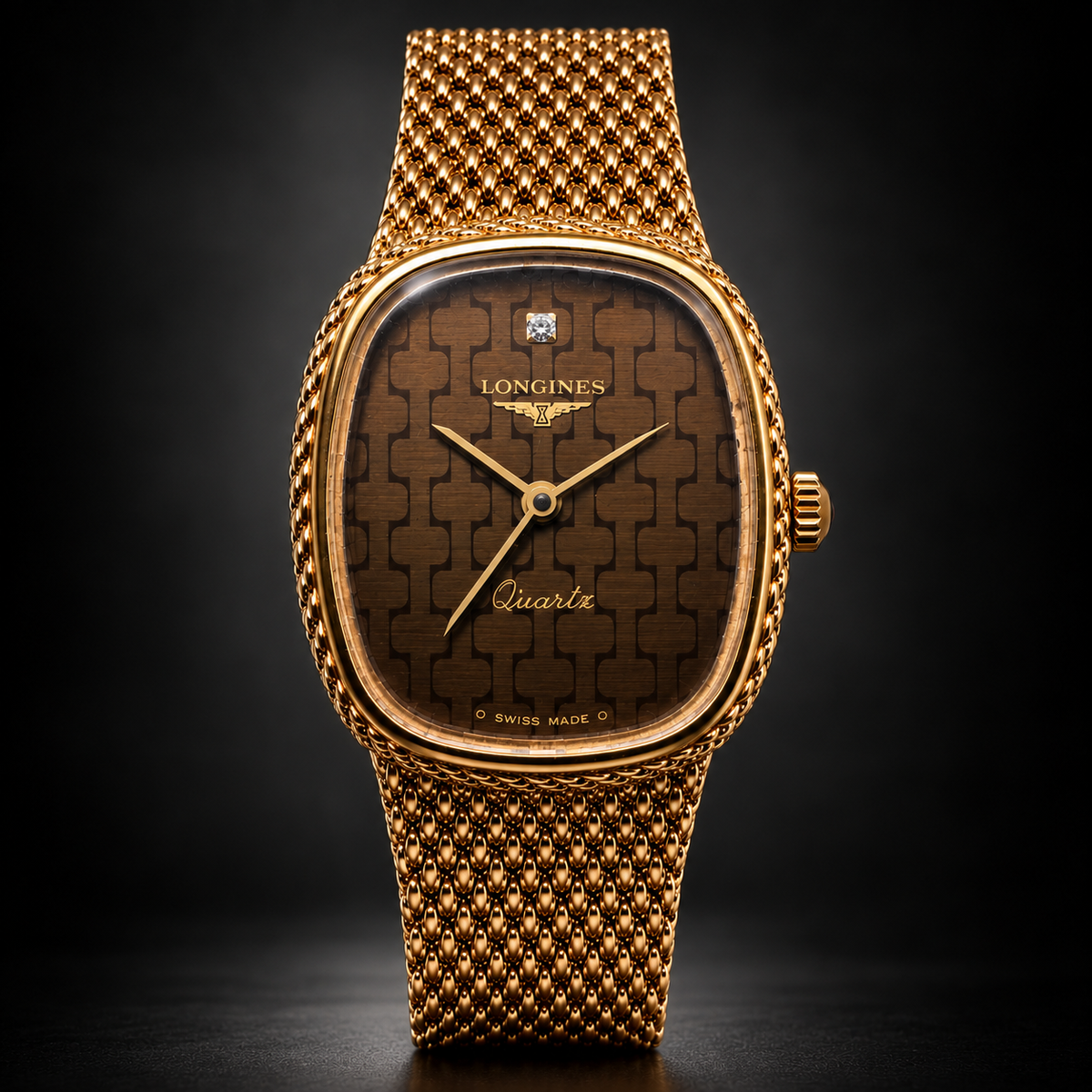 Vintage Longines 18k Yellow Gold Quartz Watch with Woven Bracelet