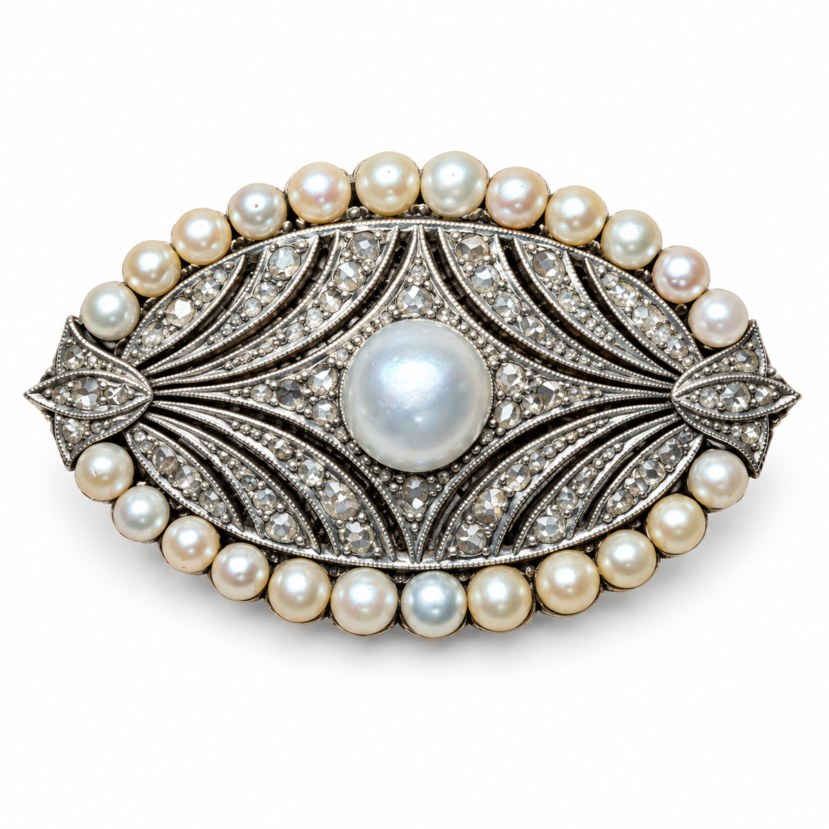Natural Saltwater Pearl, Rose-Cut Diamond & Seed Pearl Brooch
