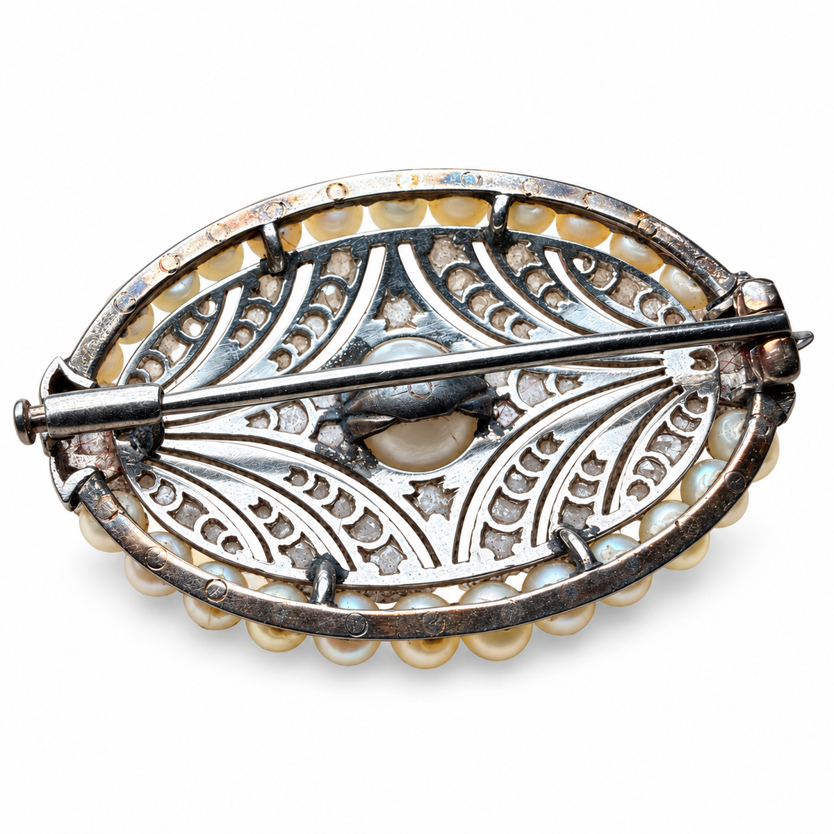 Natural Saltwater Pearl, Rose-Cut Diamond & Seed Pearl Brooch