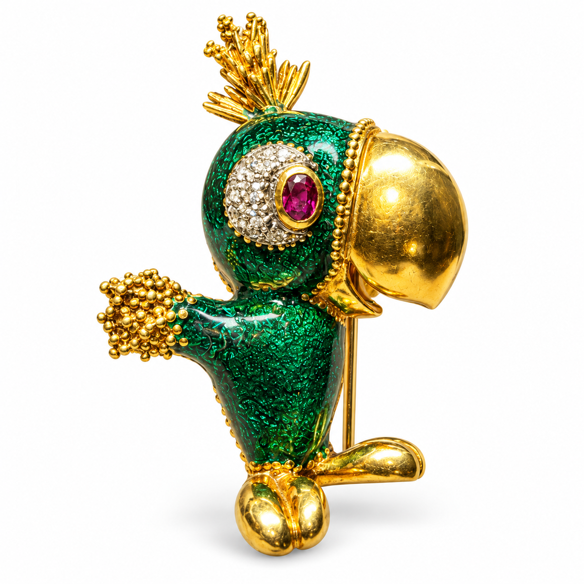Green Enamel, Ruby and Diamond Bird Brooch — Made in Italy