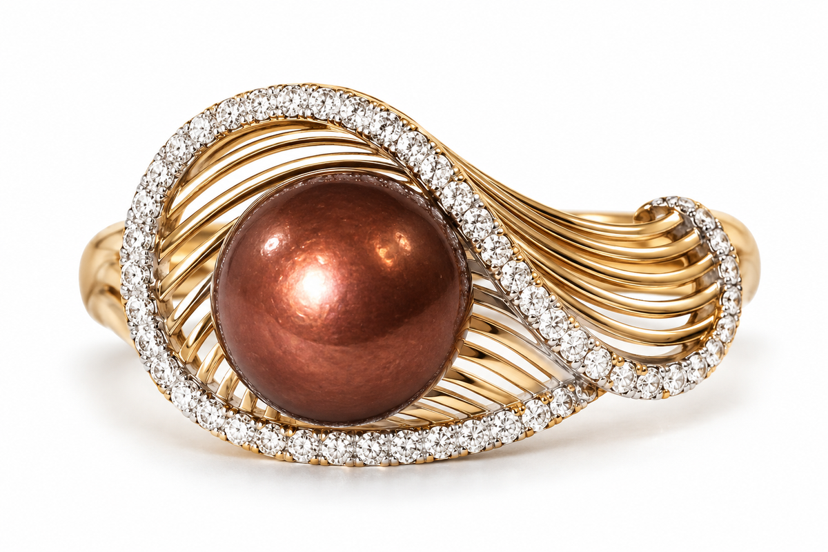 Brown pearl and diamond gold ring
