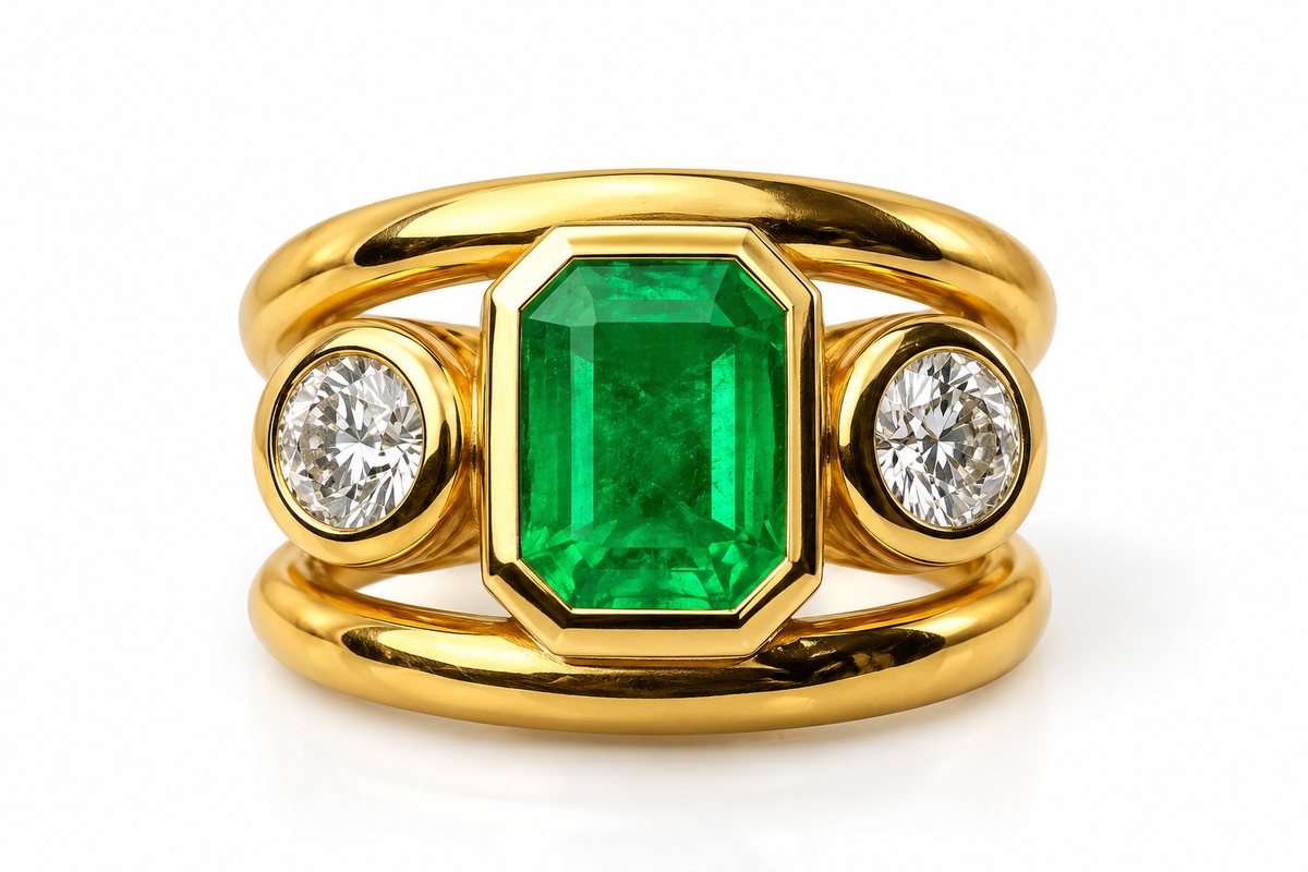 18kt Yellow Gold Ring with Emerald-Cut Emerald & Diamond Accents – Customisable Gemstone Options